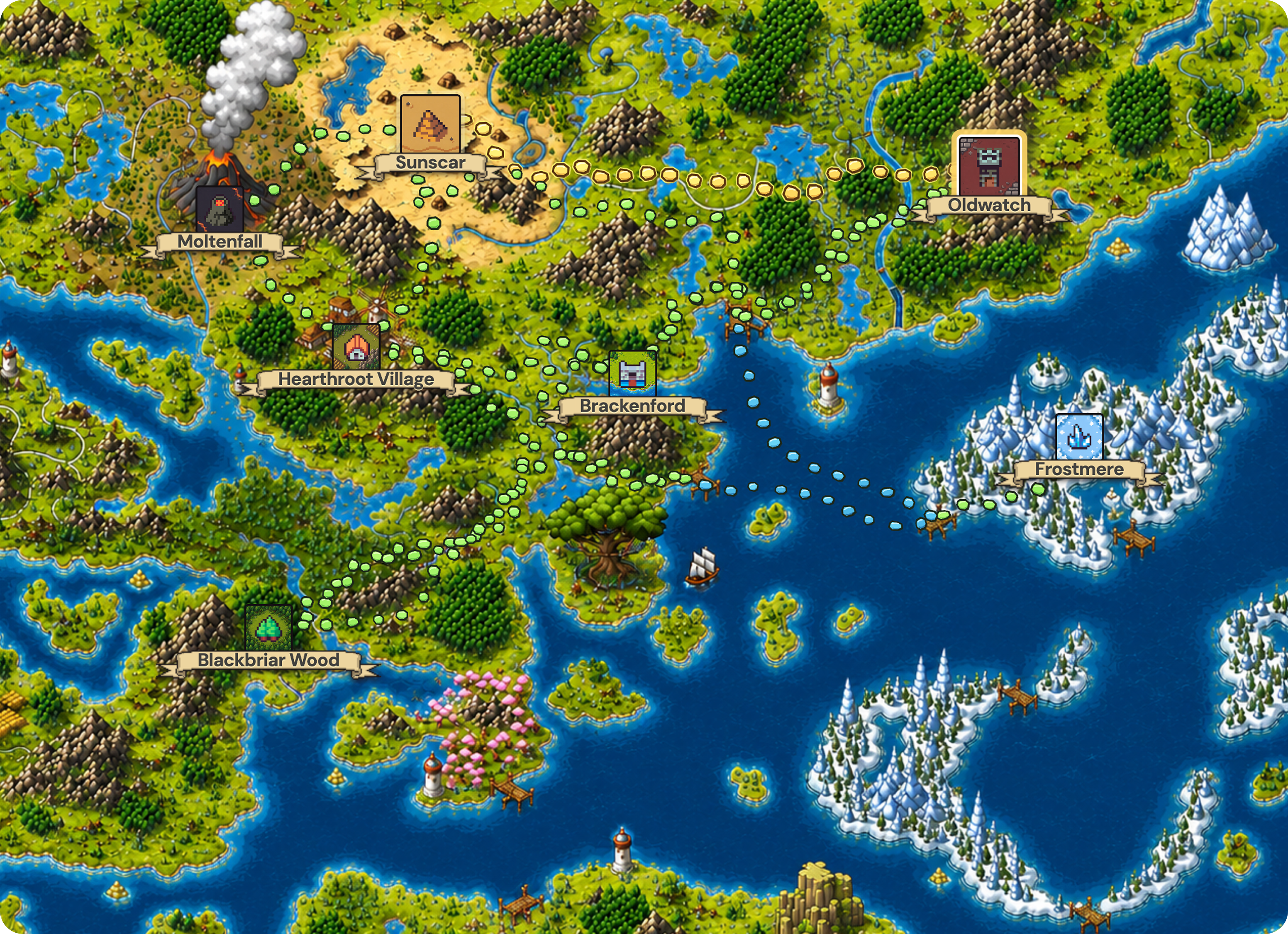 The rendered Hearthroot Leaflet map, with location markers, parchment labels and route paths