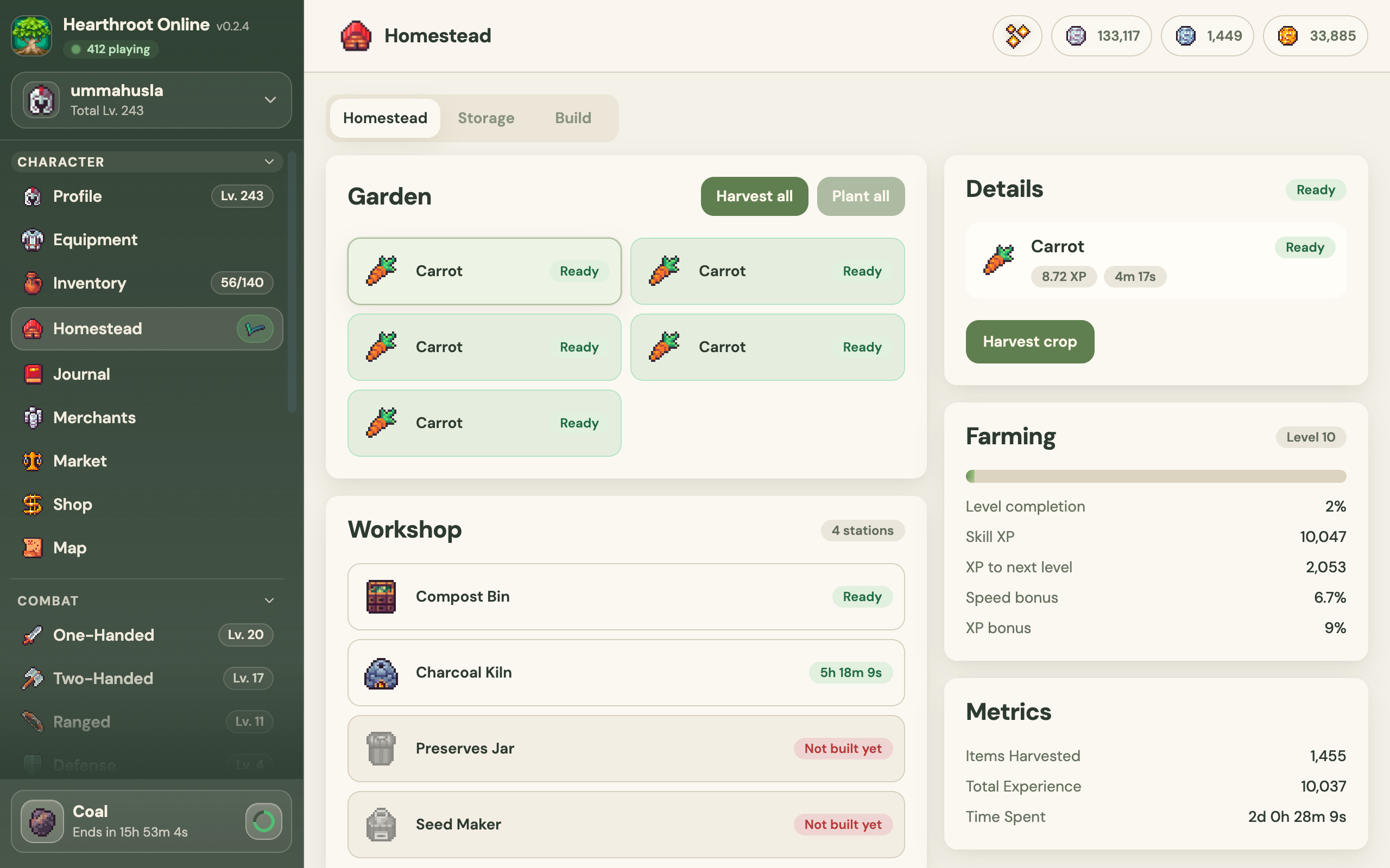 A Hearthroot Homestead with crops ready to harvest and Workshop stations