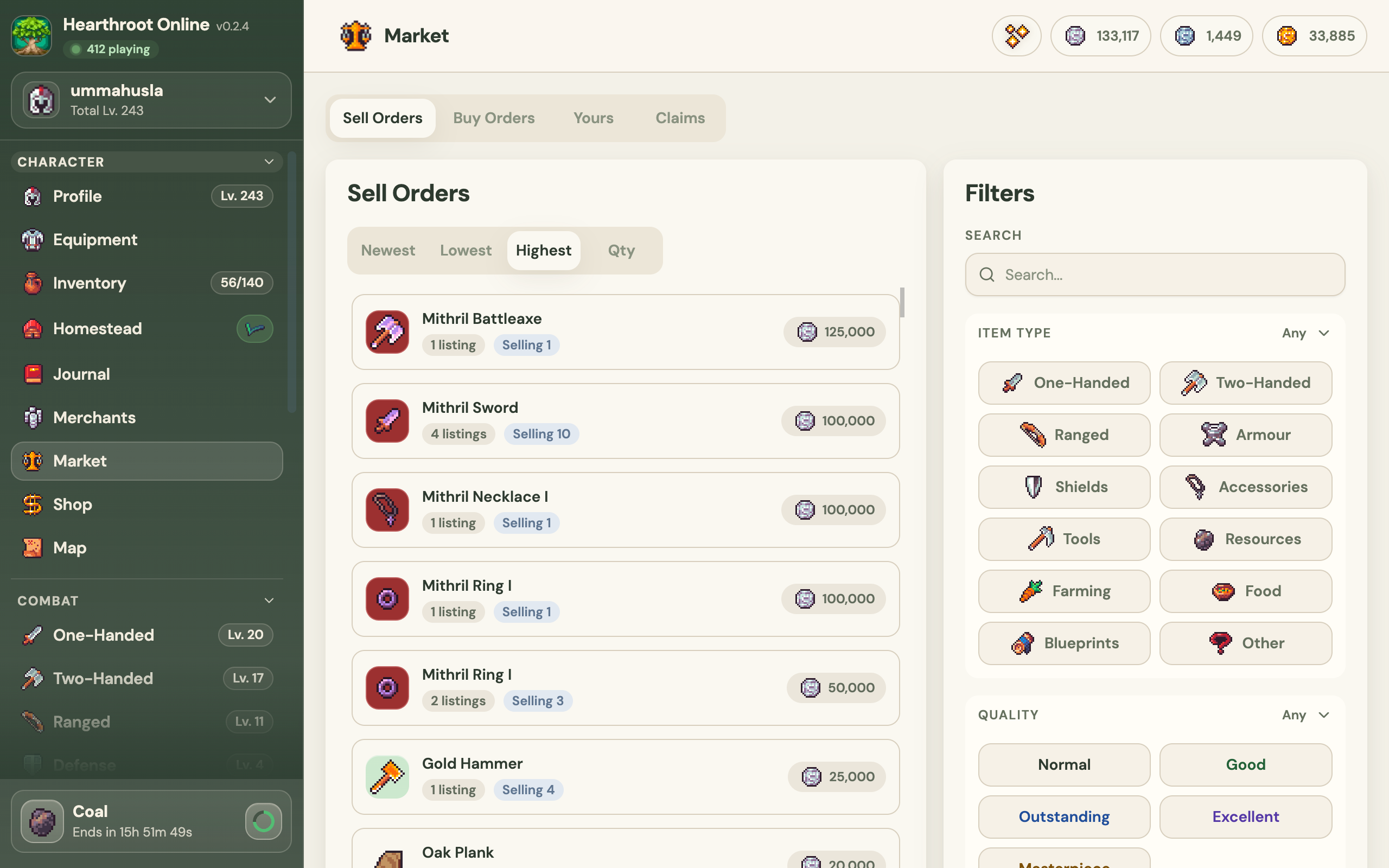 Player sell orders and item filters in the Hearthroot Market